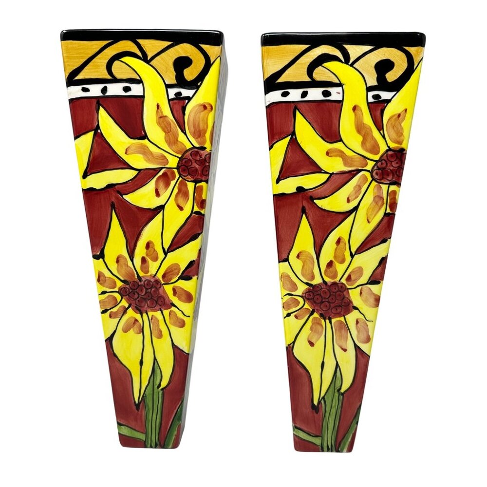 Tika by Lotus Sunflower Wall Pocket Vases Ceramic Tapered Yellow Red 11 Inch